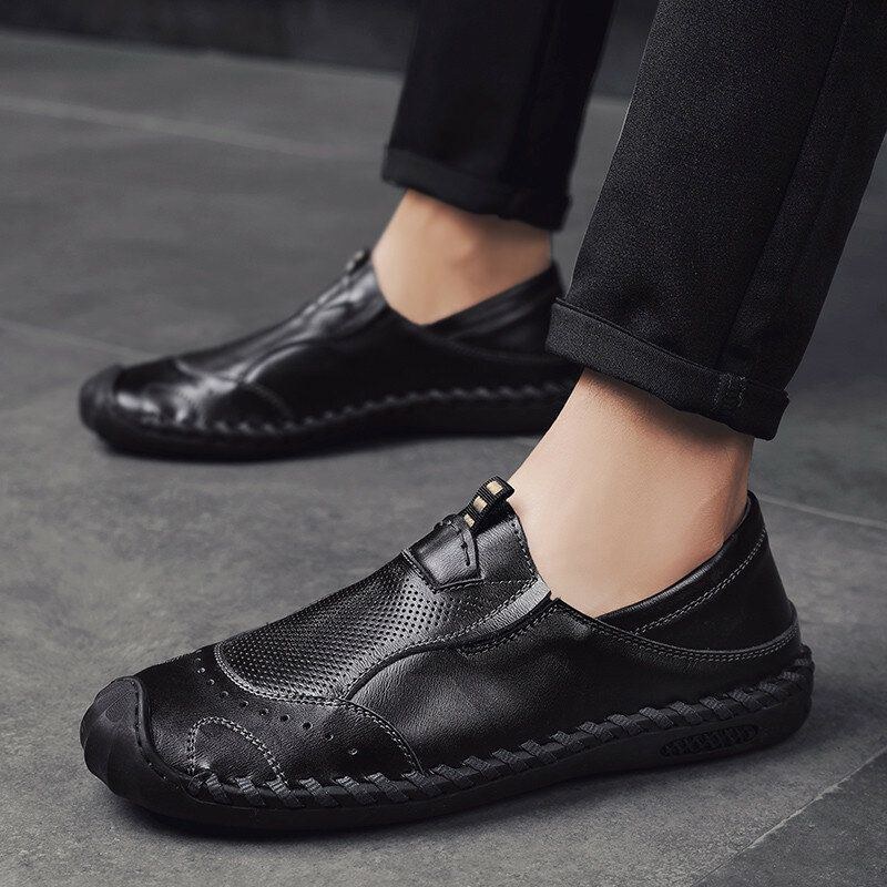 Herre Åndbar Mikrofiber Læder Behagelig Slip-on Håndsyede Flade Sko