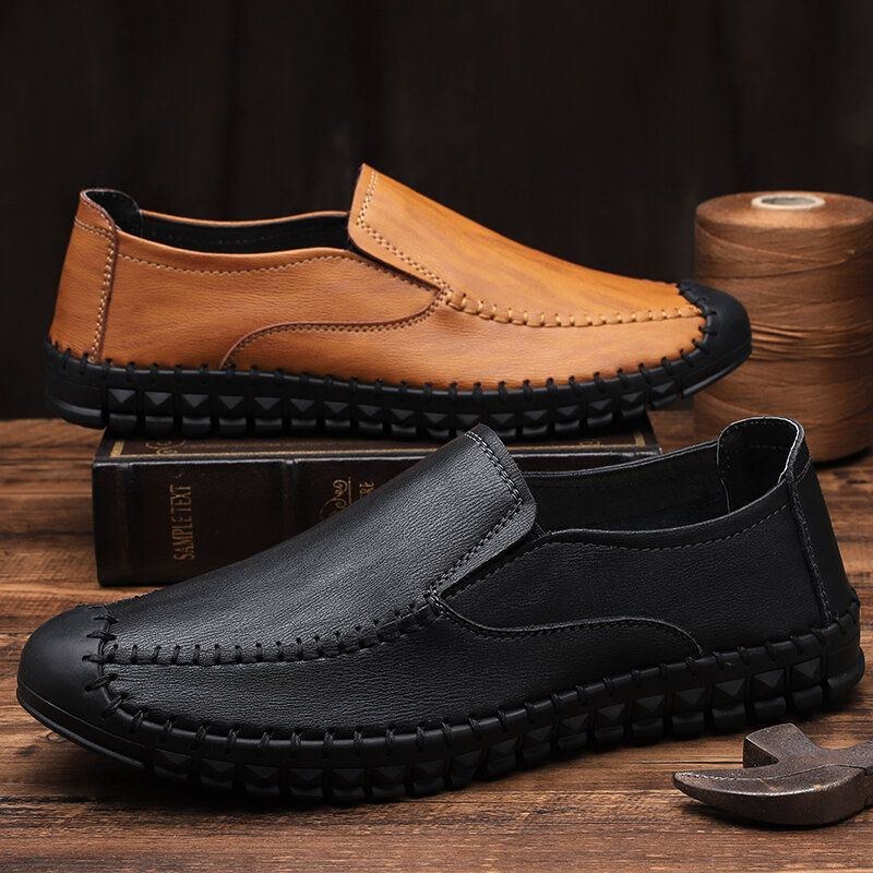 Herre Håndsyning Koskind Læder Blød Elastisk Slip On Casual Sko