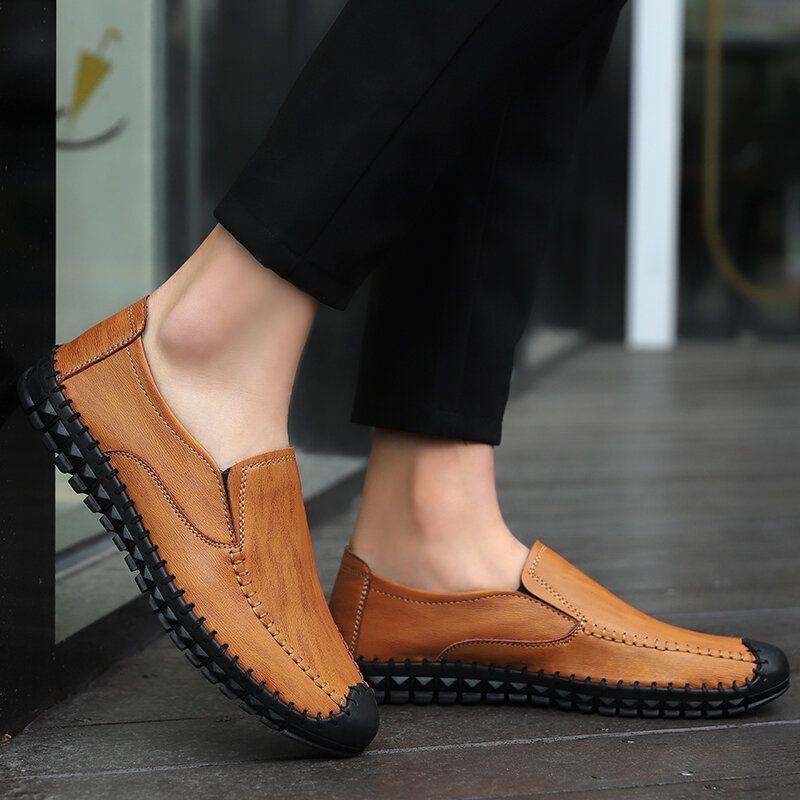 Herre Håndsyning Koskind Læder Blød Elastisk Slip On Casual Sko