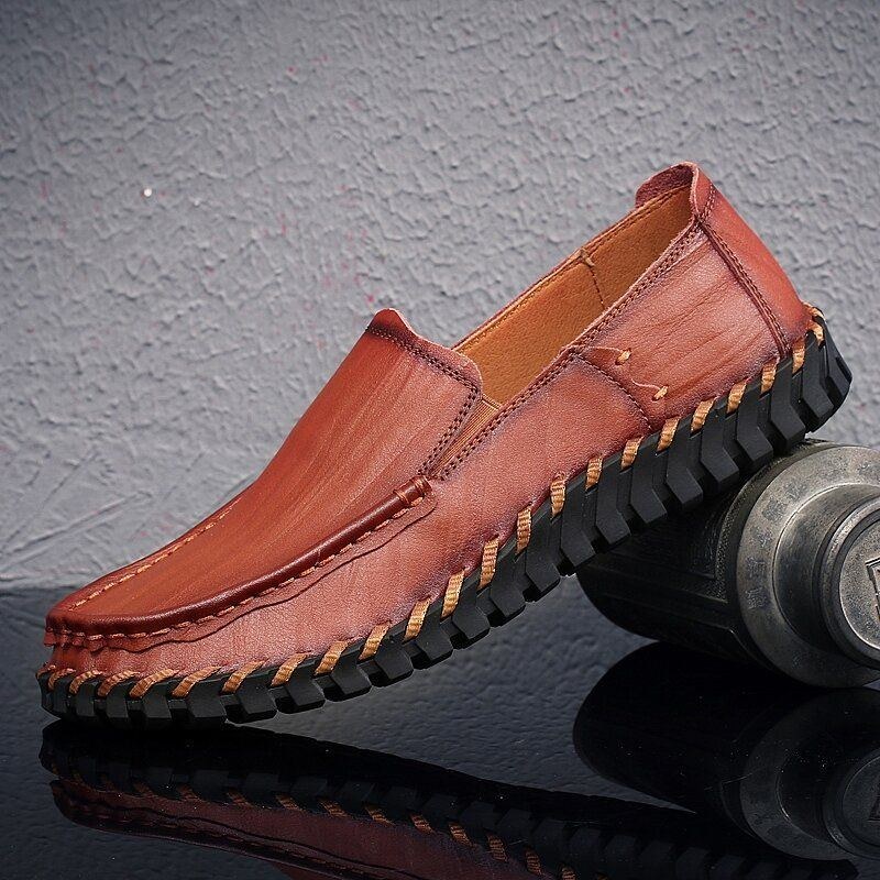 Herre Koskind Læder Udhult Åndbar Håndsyning Blød Sål Slip On Casual Sko