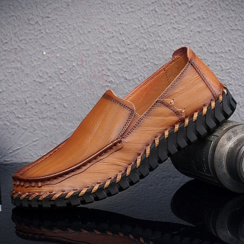 Herre Koskind Læder Udhult Åndbar Håndsyning Blød Sål Slip On Casual Sko