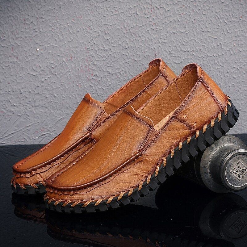 Herre Koskind Læder Udhult Åndbar Håndsyning Blød Sål Slip On Casual Sko