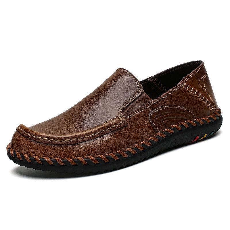 Herre Pure Color Blødt Læder Skridsikre Wide Fit Casual Slip-on Håndsyede Sko
