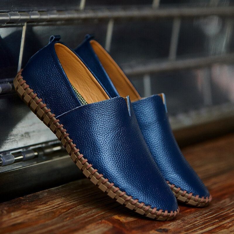 Herre Pure Color Håndsyning Behagelig Åndbar Læder Slip On Casual Køresko