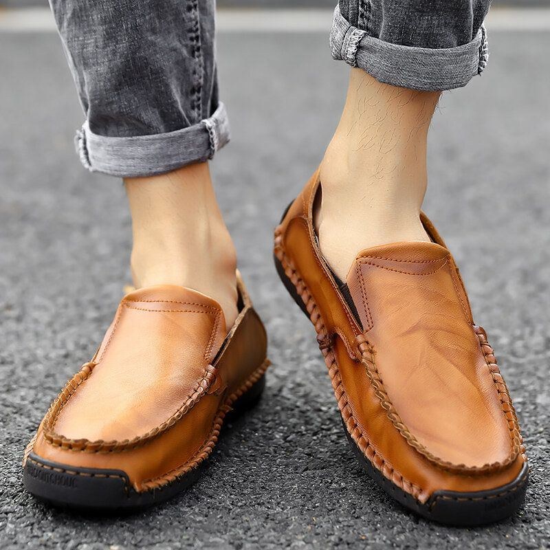 Herre Skridsikre Håndsyning Casual Slip On Lædersko