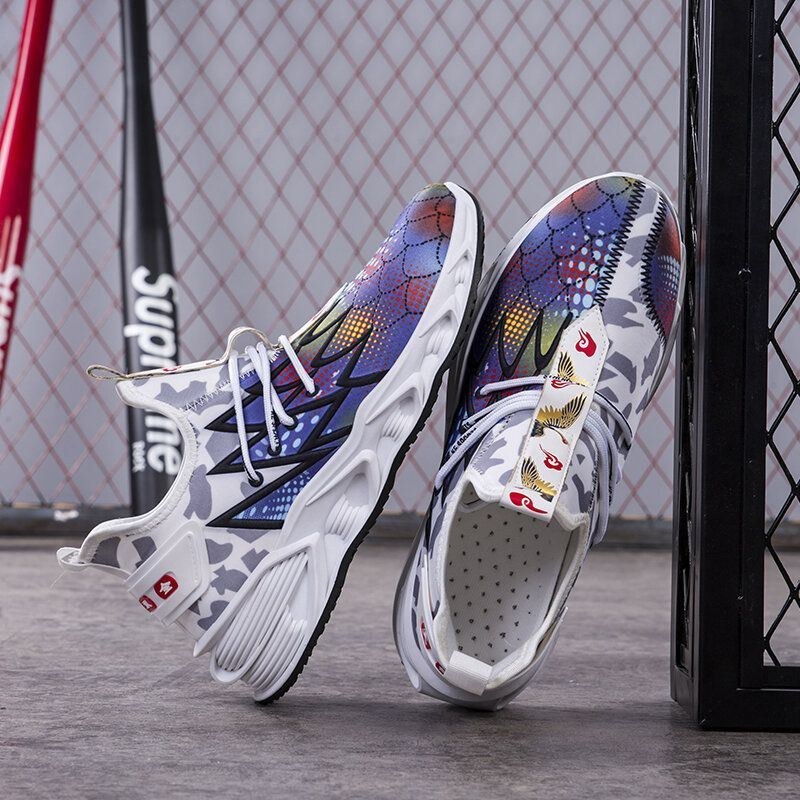 Herre Sportsting Udskrivning Farverige Snørebånd Bløde Såler Casual Sneakers