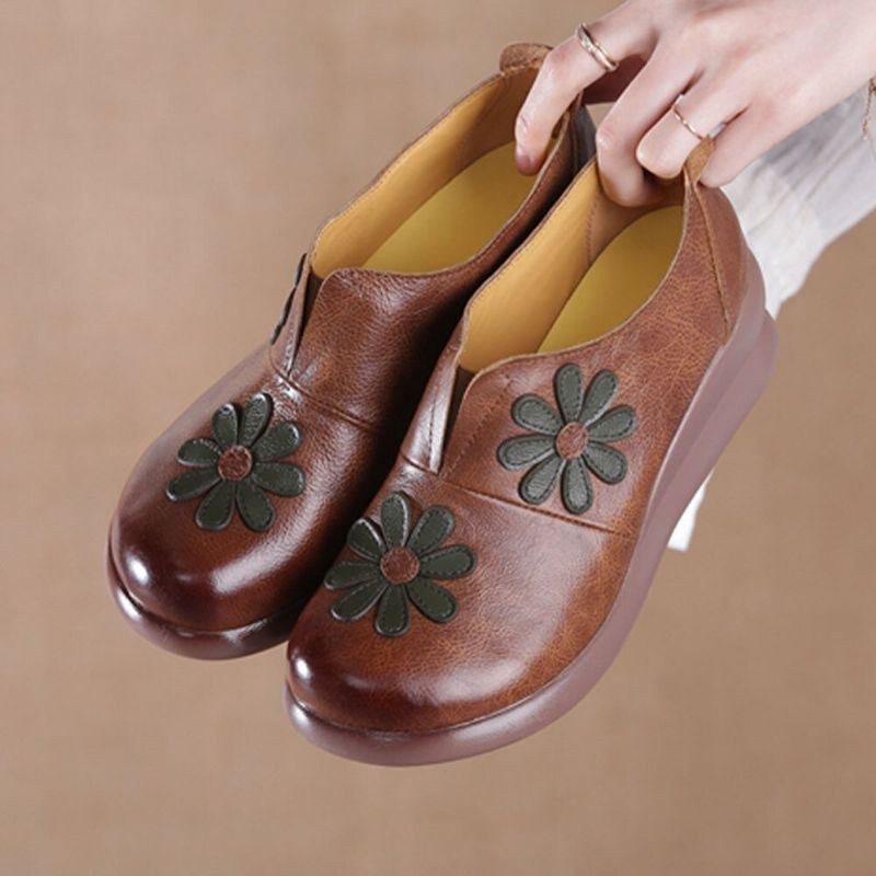 Dame Retro Blomster Udsmykket Ægte Læder Bløde Comfy Wedges Sko