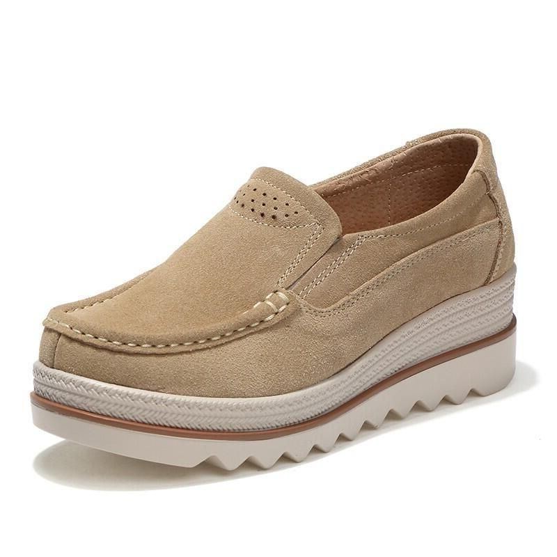 Dameplatforme Slip On Casual Ruskind Behagelige Sko Med Tyk Hæl