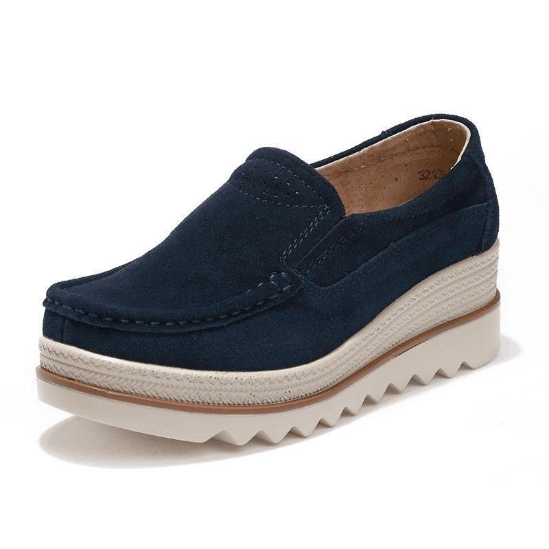 Dameplatforme Slip On Casual Ruskind Behagelige Sko Med Tyk Hæl