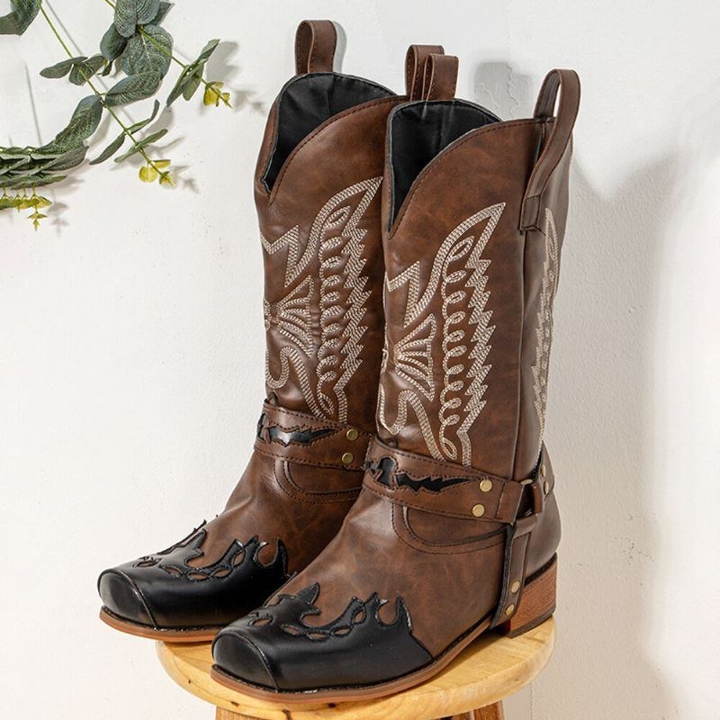 Dame Broderet Splejsning Metal Spænde Mid Calf Støvler