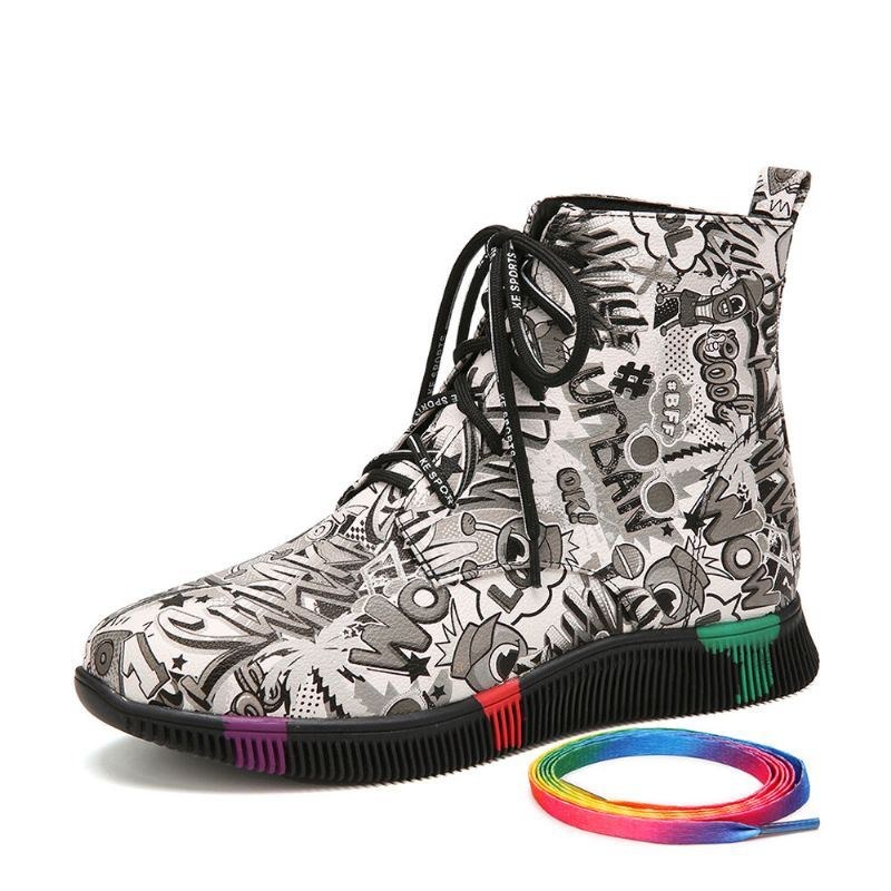 Dame Casual Letter Graffiti Print Multicolor Snøre Kort Stridsstøvler
