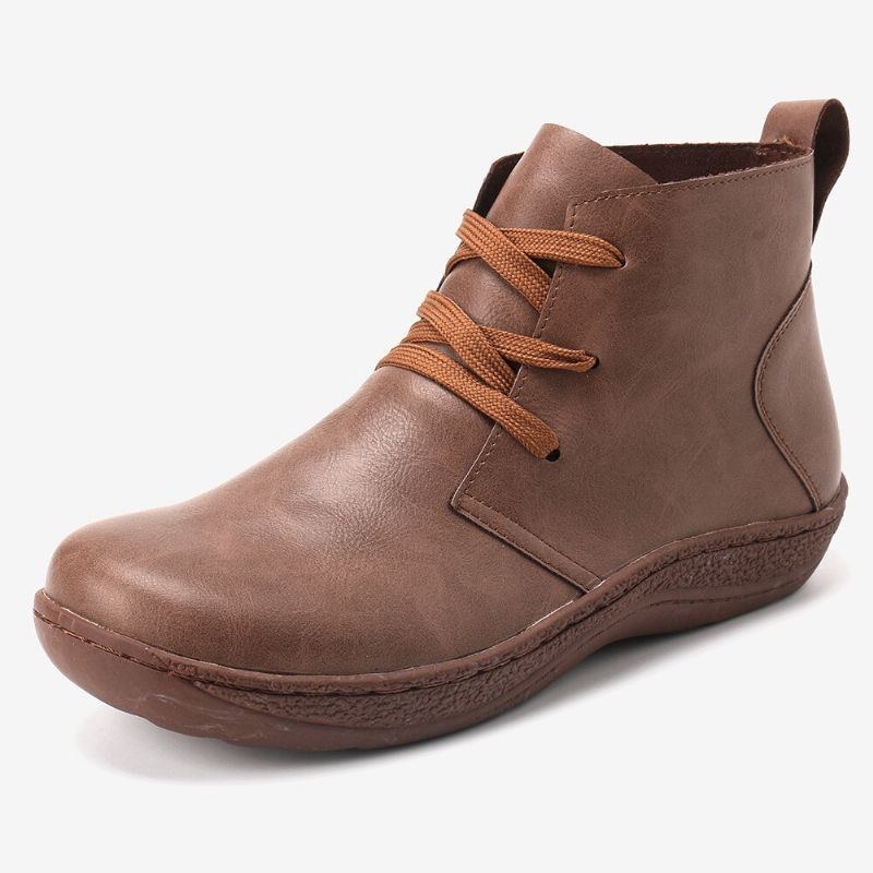 Dame Casual Retro Pure Color Ankelstøvler I Læder Med Lav Hæl
