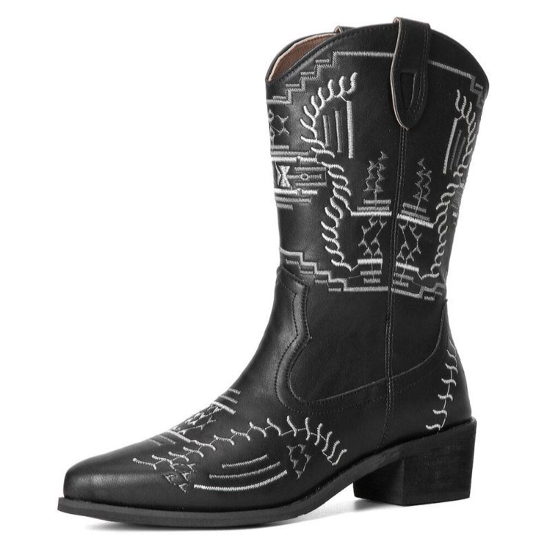 Dame Casual Spidstå Vintage Broderede Vestlige Cowboystøvler Martin Boots