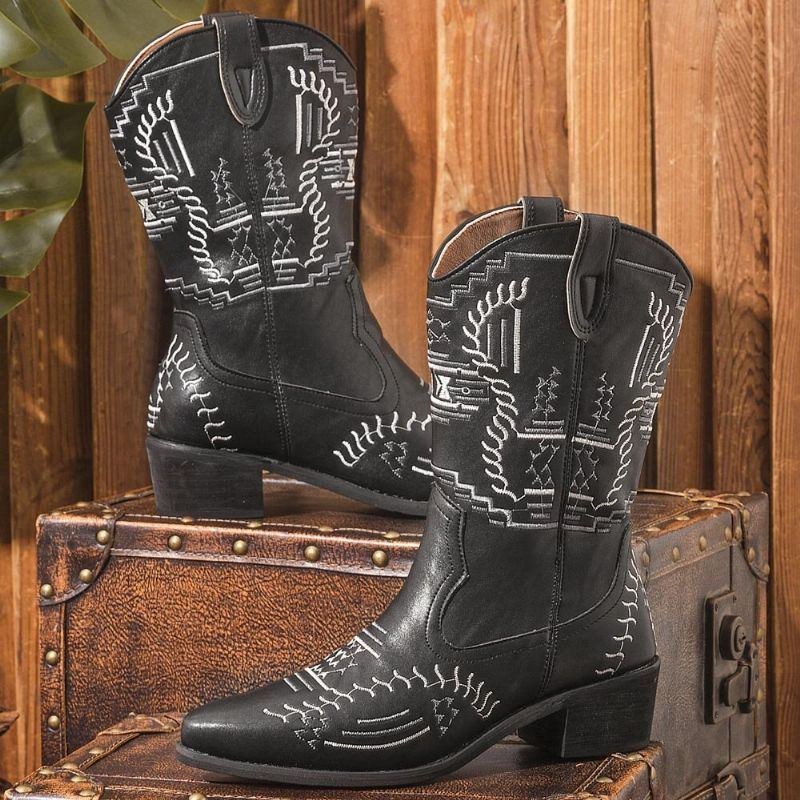 Dame Casual Spidstå Vintage Broderede Vestlige Cowboystøvler Martin Boots