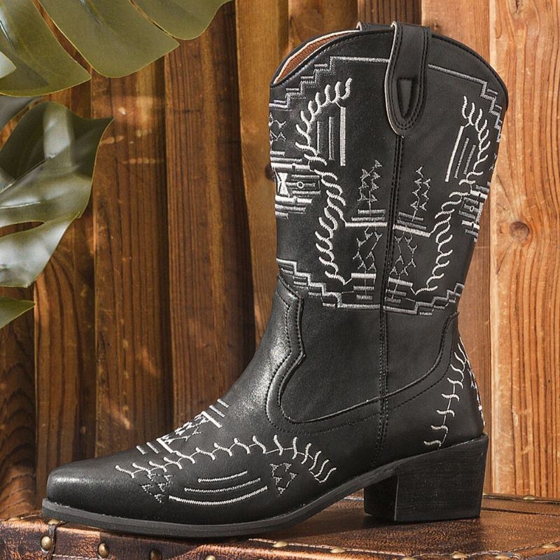Dame Casual Spidstå Vintage Broderede Vestlige Cowboystøvler Martin Boots
