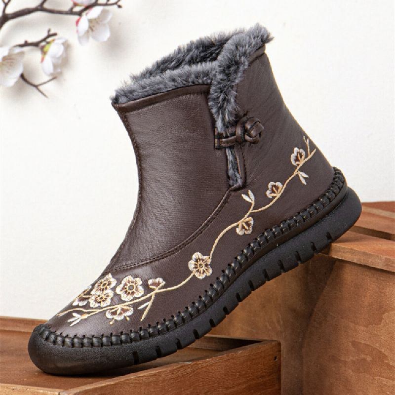 Dame Ensfarvet Casual Retro Broderet Varm Komfortabel Bløde Flade Korte Støvler