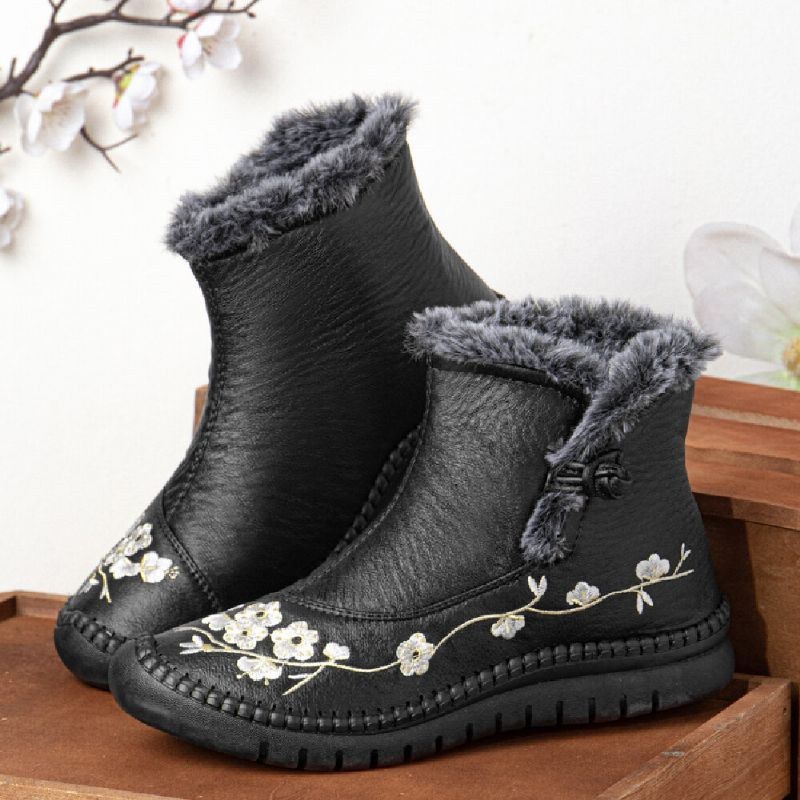 Dame Ensfarvet Casual Retro Broderet Varm Komfortabel Bløde Flade Korte Støvler