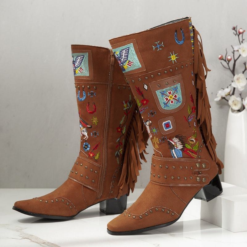 Dame Folkways Broderet Rygkvast Deocr Bærbare Chunky Heel Mid-calf Boots