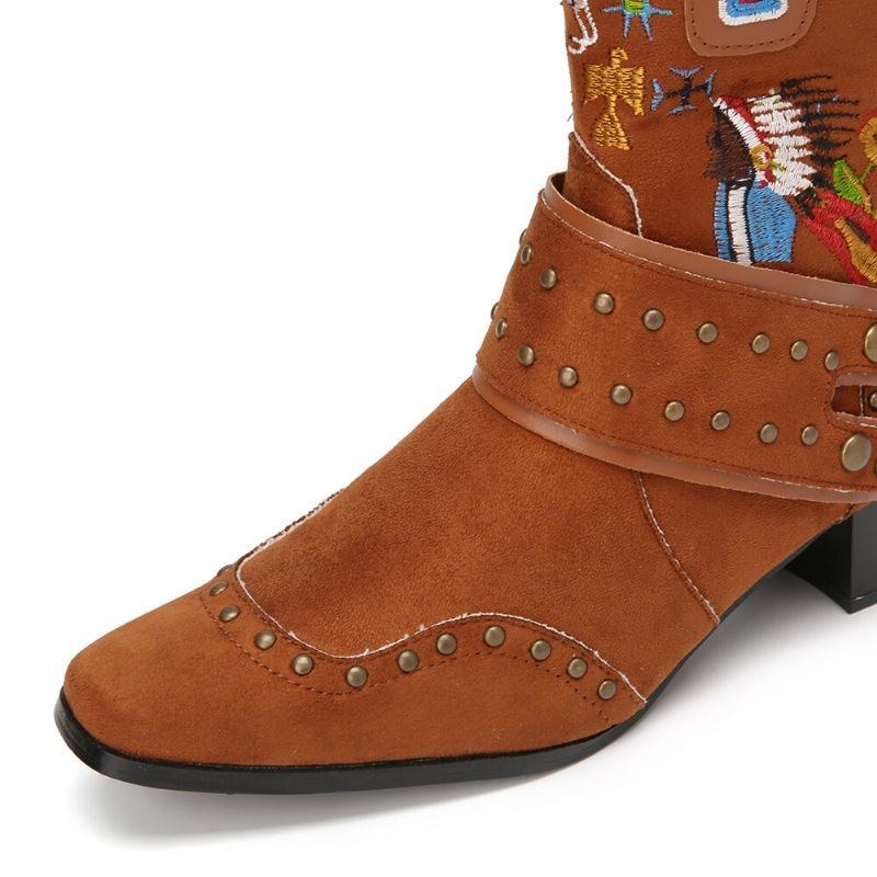 Dame Folkways Broderet Rygkvast Deocr Bærbare Chunky Heel Mid-calf Boots