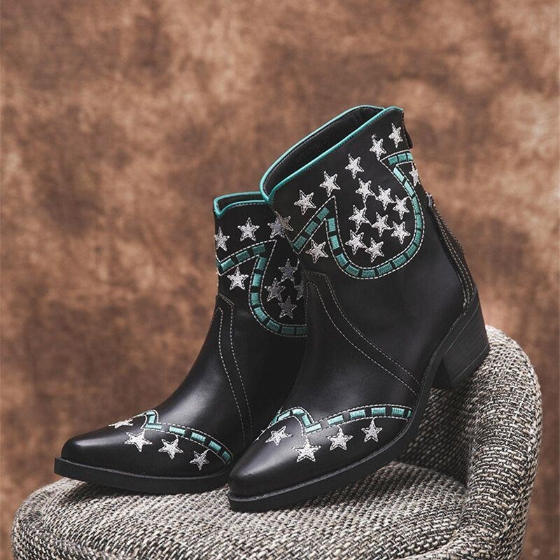 Dame Folkways Stars Mønster Spidstå Chunky Heel Casual Korte Støvler