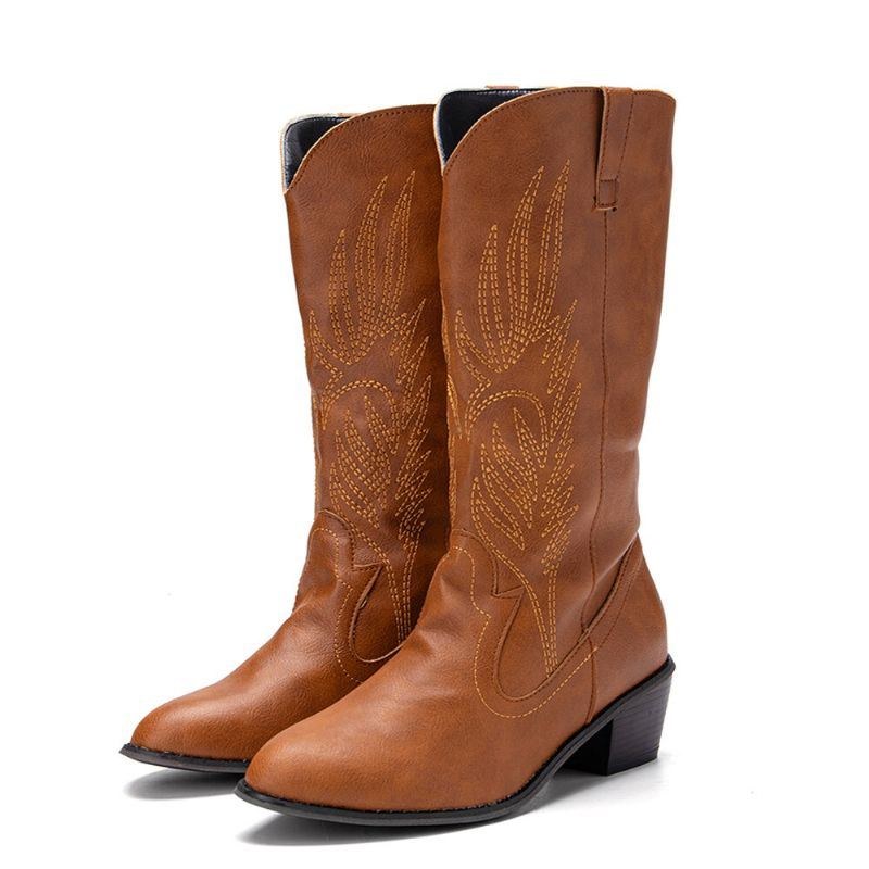 Dame Læder Broderi Mønster Spids Tå Chunky Hæl Trendy Ridder Cowboy Støvler