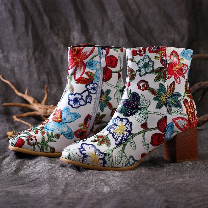Dame Large Størrelse Blomstertrykt Chunky Heel Ankel Korte Støvler