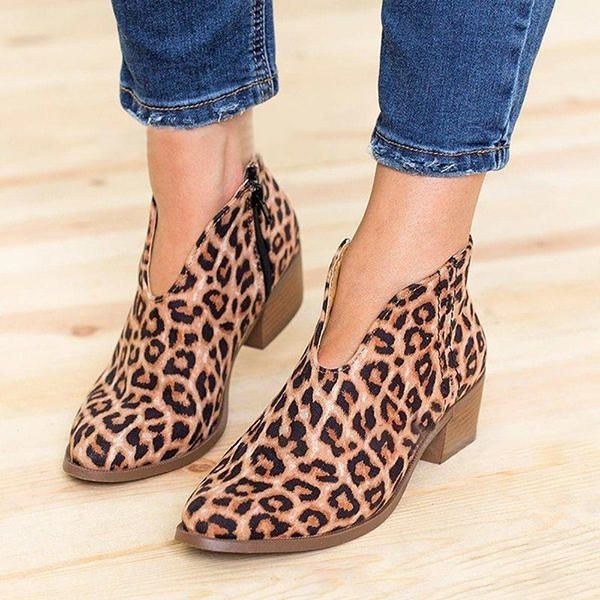 Dame Leopard Grain Chunky Heel Lynlås Ankel Korte Støvler