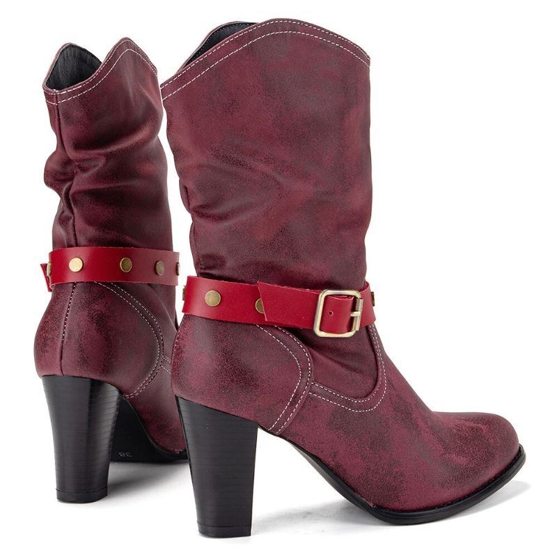 Dame Metalspænde Strop Dekor Ensartet Farve Chunky Heel Mid-calf Motorcykelstøvler