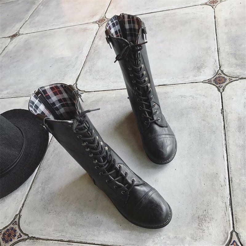 Dame Motorcykel Varme Snøre Vinter Casual Mid Calf Støvler