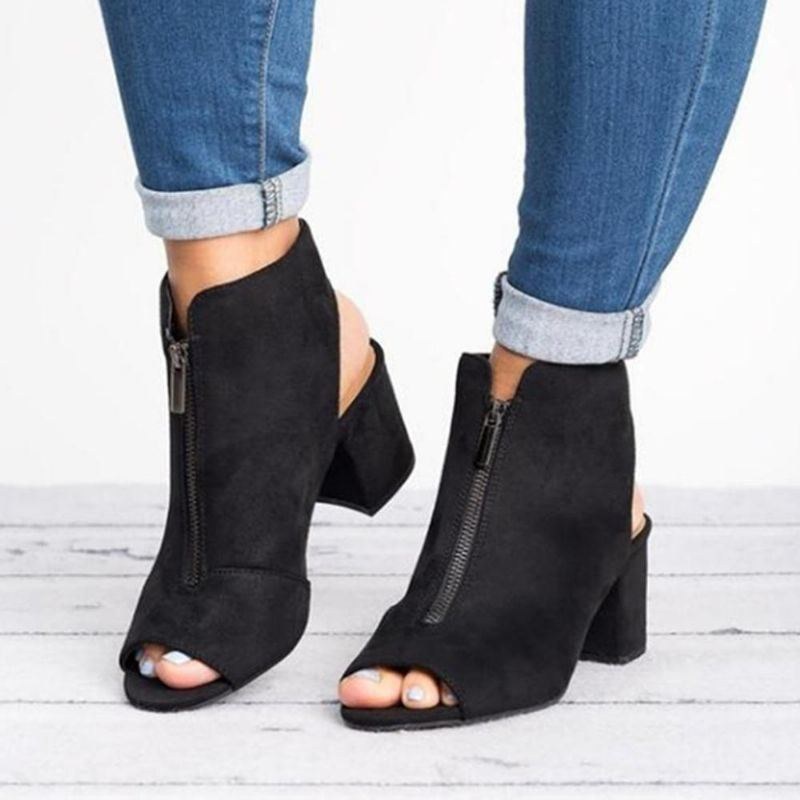 Dame Peep Toe Ankelstøvler Front Lynlås Chunky Hæl Sandaler Pumps