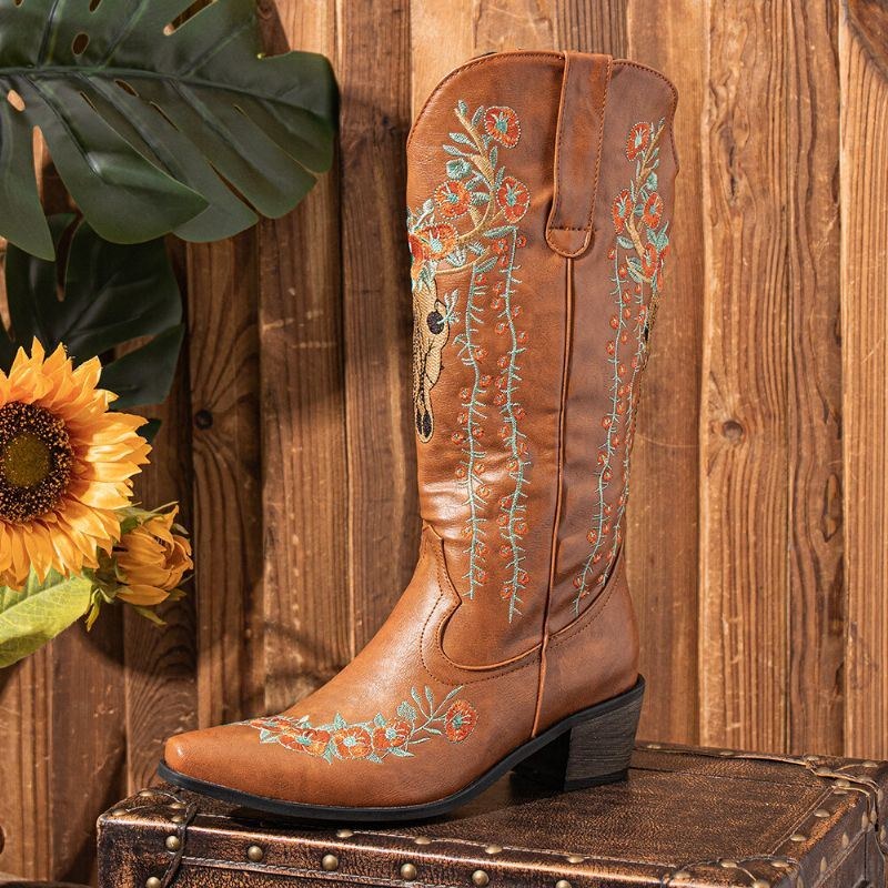 Dame Retro Blomster Dyrebroderi Læder Spidstå V-snit Chunky Heel Mid-calf Knight Boots
