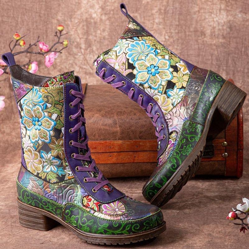 Dame Retro Blomsterbroderi Udskrivning Læder Comfy Chunky Hæle Mid-calv Støvler
