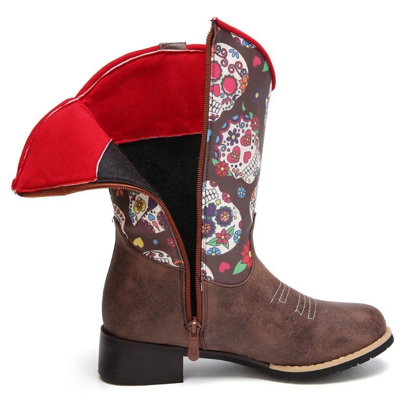 Dame Retro Blomstertryk Spidstå Lynlås Mid-calf Cowboystøvler