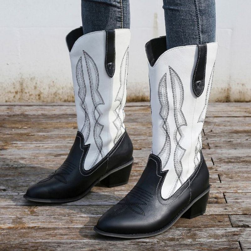 Dame Retro Brief Broderi Læder Pointy-to Mid-calf England Style Casual Knight Boots