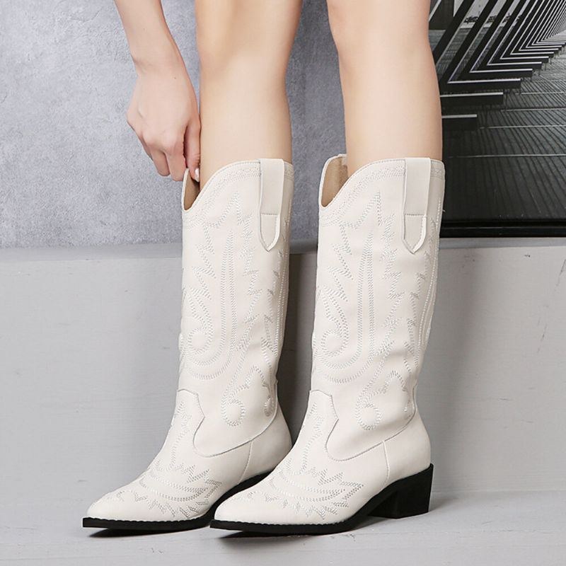 Dame Retro Brief Broderi Læder V-snit Mid-calf Pull On Casual Martin Knight Boots