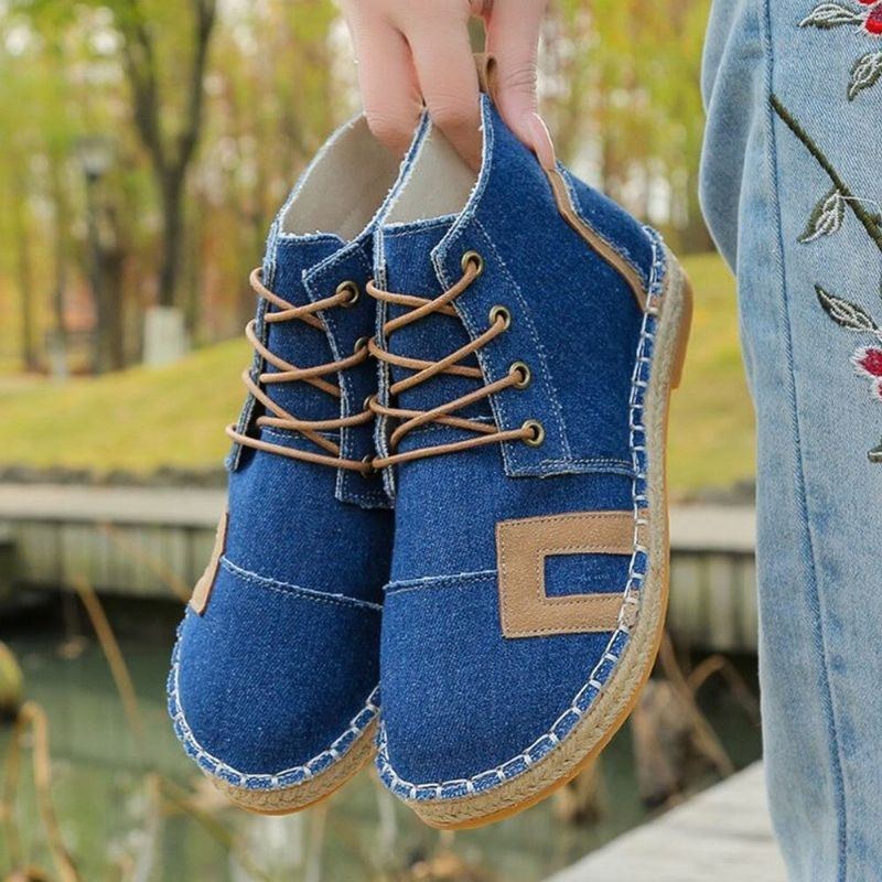 Dame Retro Casual Snørebånd Behagelige Håndsyede Espadriller Flade Korte Støvler