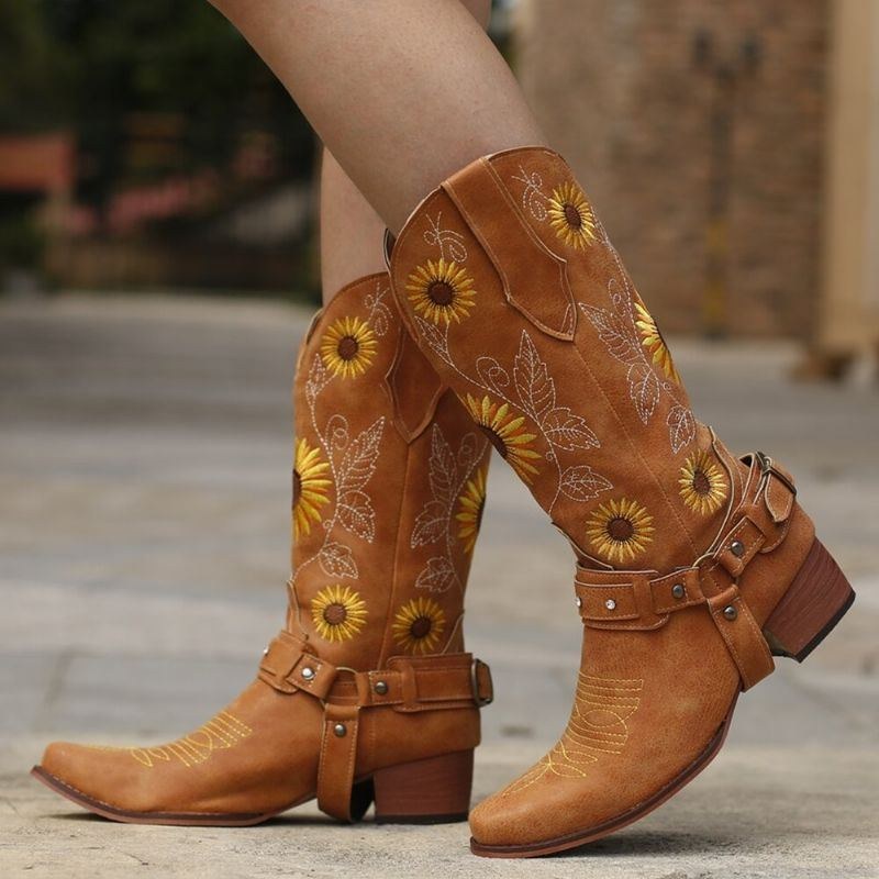 Dame Retro Solsikkemønster Spidstå Chunky Hælsele Cowboystøvler