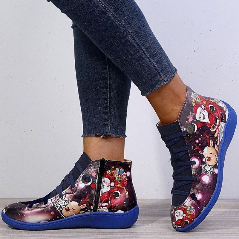 Dame Sjove Jul Tegneserie Mønster Udskrivning Lace Up Flat Short Boots