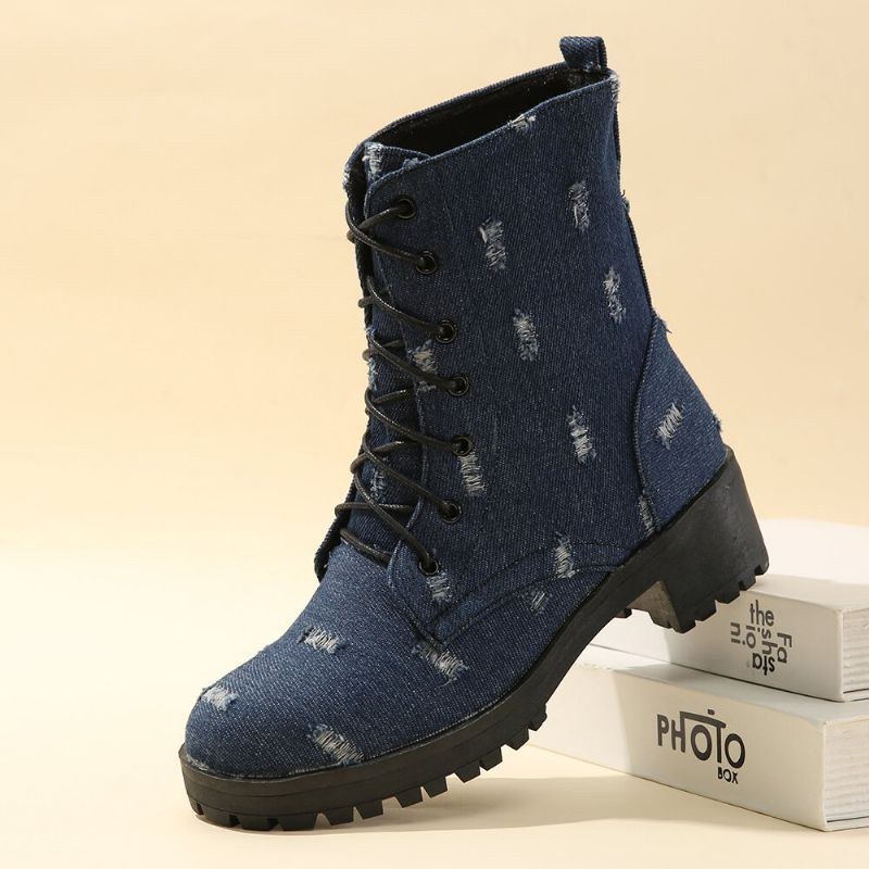 Dame Stor Størrelse Denim Rund Tå Snørebånd Chunky Hæl Værktøj Korte Støvler