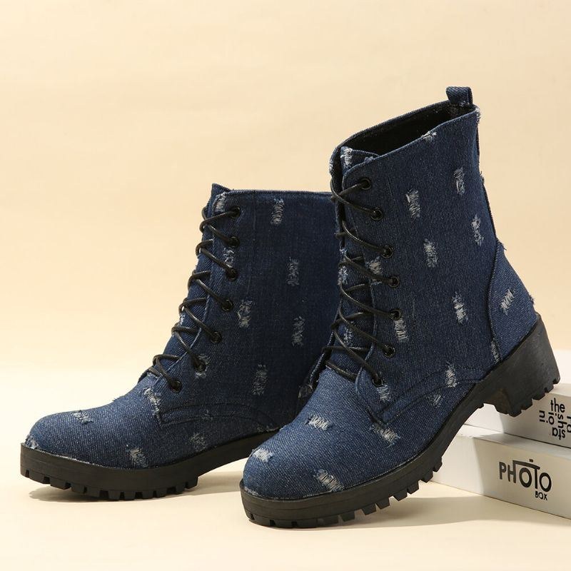 Dame Stor Størrelse Denim Rund Tå Snørebånd Chunky Hæl Værktøj Korte Støvler