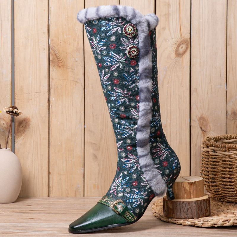 Dame Vintage Læder Patchwork Plys Blonder Blomsterprint Tynde Hælhøje Støvler