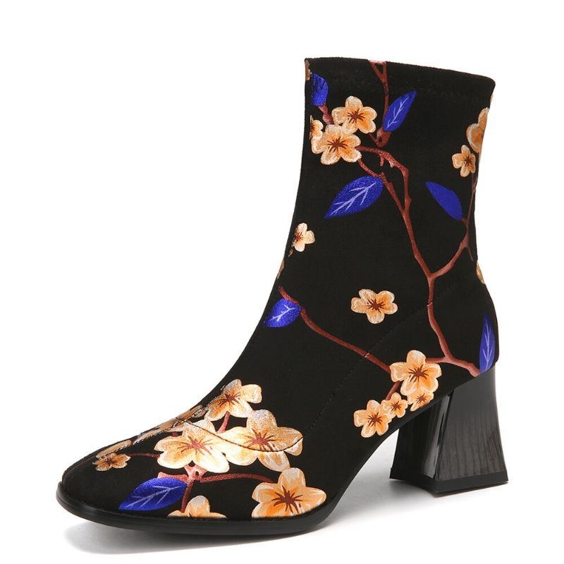 Damemodeblomster Trykt Ruskind Varmforet Elastisk Slip-on Chunky Hæl Korte Støvler
