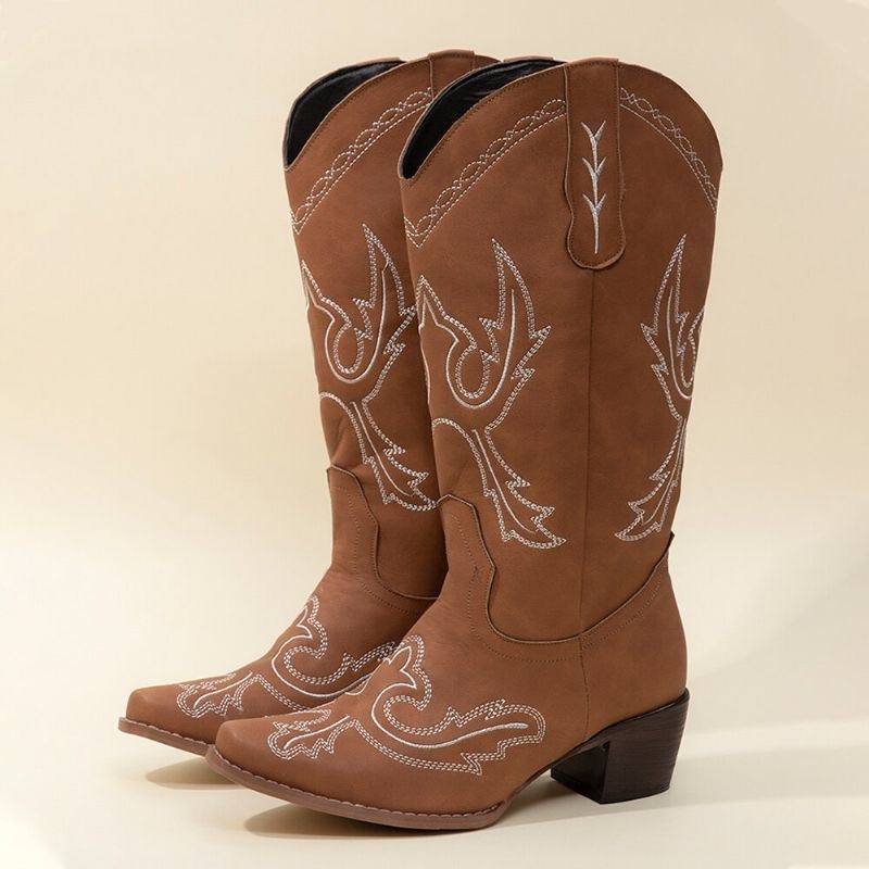 Plus Size Dame Retro Broderet Chunky Heel Mid Calf Cowboystøvler