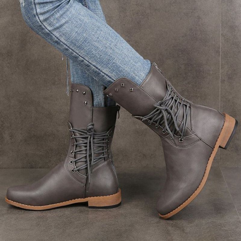 Plus Size Dame Retro Nitte Cross Strap Ryg Lynlås Mid Calf Boots