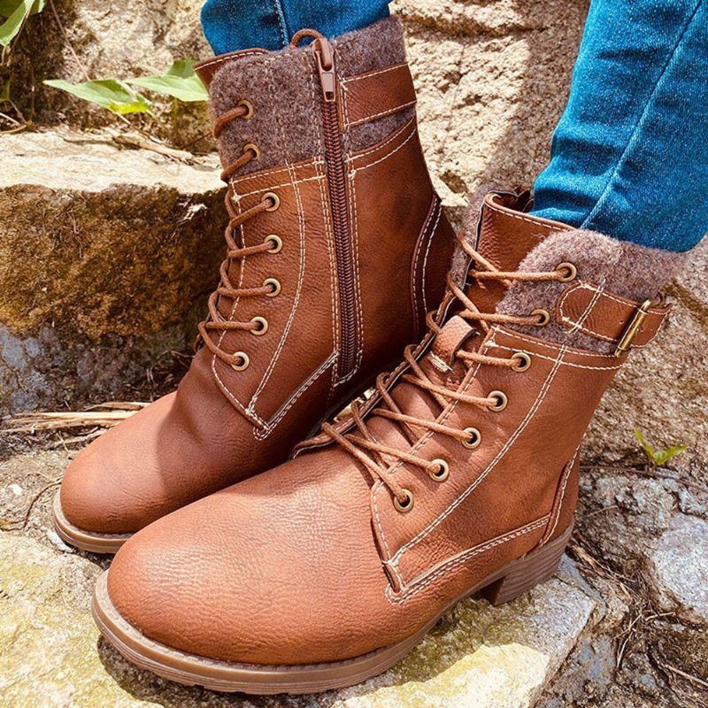Plus Size Kvinder Casual Splejsning Snøre-op Side Lynlås Combat Boots