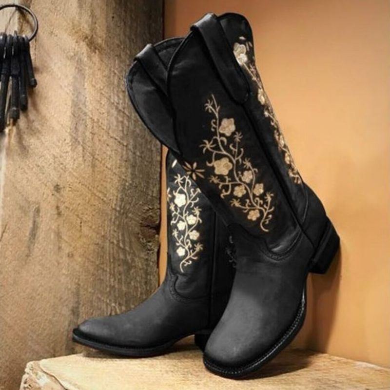 Retro Blomster Firkantet Toe Slip On Mid-calf Block Hæl Cowboystøvler Til Damer
