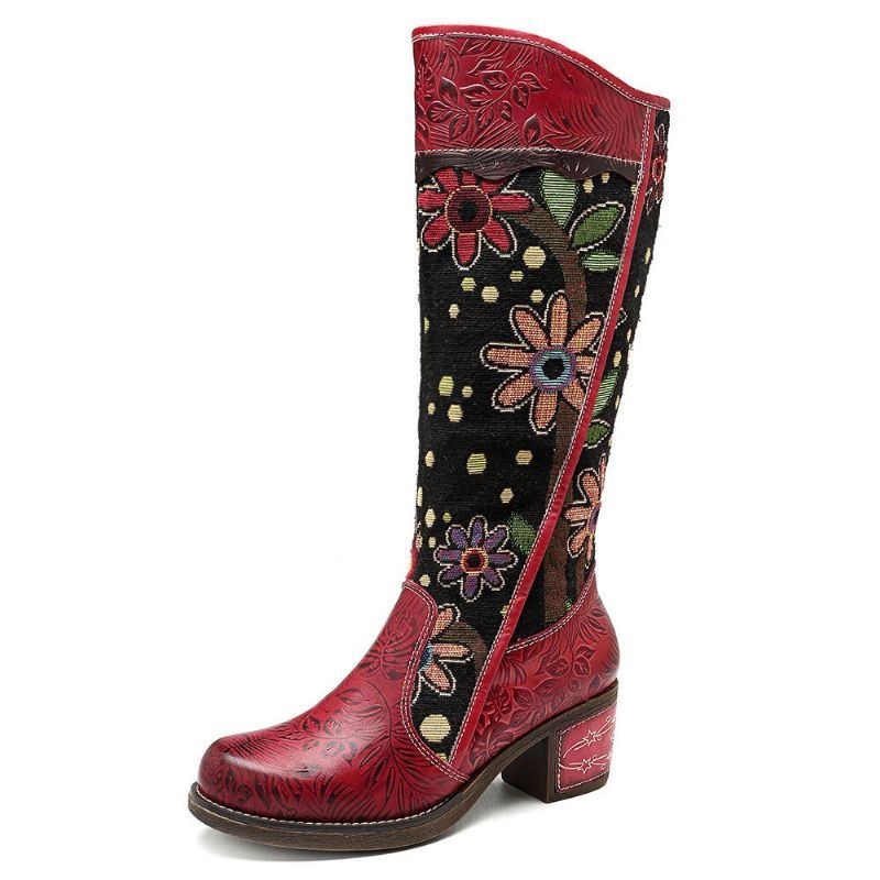 Splejsningsmønster Broderi Ægte Læder Mid Calf Støvler Damer