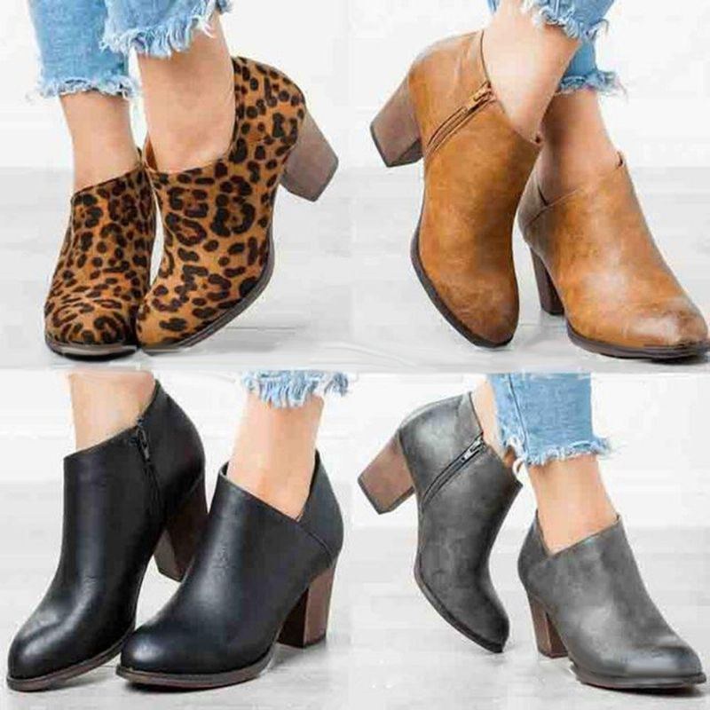 Stor Størrelse Dame Leopard Clog Høj Chunky Heel Ankelstøvler