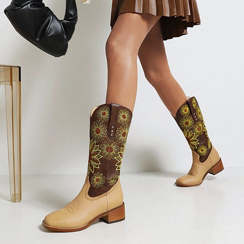 Stor Størrelse Kvinder Retro Etnisk Blomsterbroderet Comfy Firkantet Tå Cowboystøvler Med Tyk Hæl