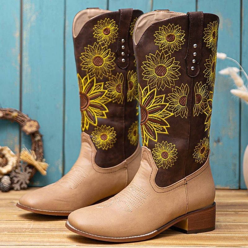 Stor Størrelse Kvinder Retro Etnisk Blomsterbroderet Comfy Firkantet Tå Cowboystøvler Med Tyk Hæl
